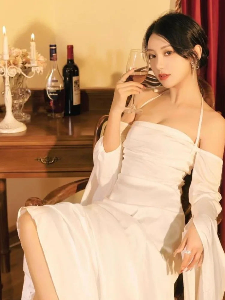 Summer Satin Silky Off Shoulder Slim White Cocktail Dress Lady Party Maxi Dress Vestidos De Fiesta Para Bodas