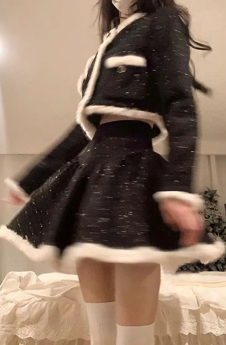 Two Piece Sets Cropped Jackets French Style Furry Party Autumn Winter Coats Ball Gown Mini Skirts Suits