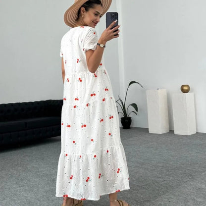 Embroidery Maxi Dresses for Summer Puff Sleeve Slim White Dress Party Club Aline Dress