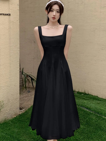 Summer Spring Fairy Dresses Mesh Patchwork Square Collar Sleeveless Evening Party Midi Dress Female Vestidos Robe