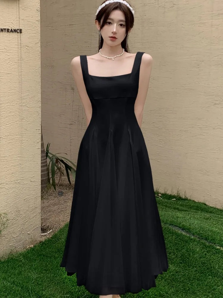 Summer Spring Fairy Dresses Mesh Patchwork Square Collar Sleeveless Evening Party Midi Dress Female Vestidos Robe