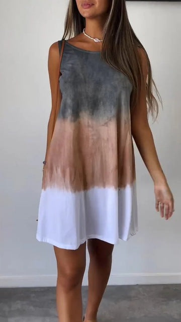 Gradient Tie Dye Print Mini Dresses Summer New Loose O Neck Sleeveless Dress Lady Vestidos