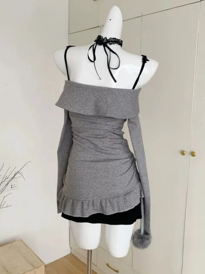 Y2k Lace Two-piece Set Mini Dresses for Spaghetti Strap Knitted Underdress Korean Party Dress Female Vestidos