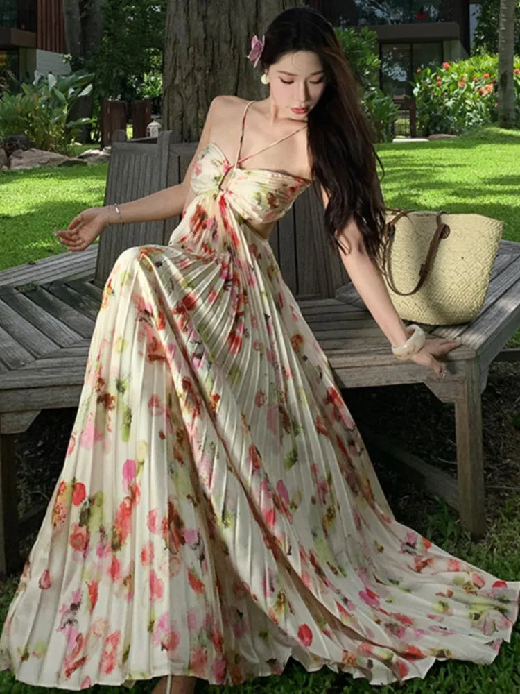 Print Long Dresses for Backless Laceup Party Dress Summer Holiday Beach Pleated Aline Vestidos Robe