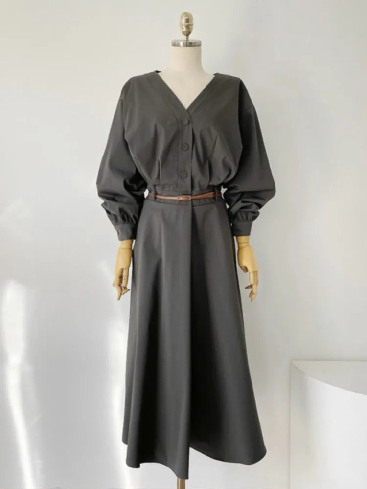 Korean V-neck Midi Dresses for With Belt Long Sleeve A-line Office Lady Autumn New Female Clothing