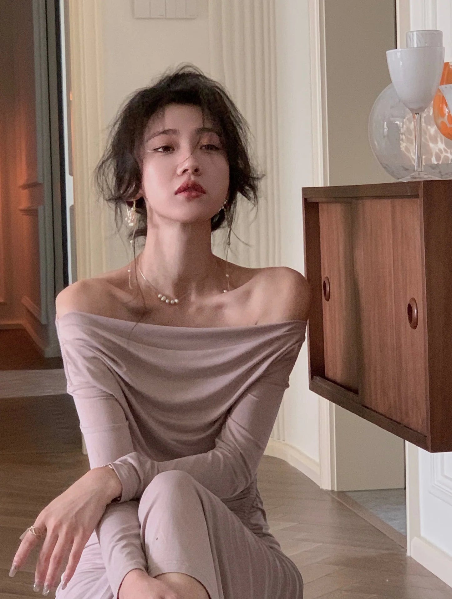 Off Shoulder Knit Midi Dresses Autumn Long Sleeve Pleated Dress Slim Evening Party Female Clothing