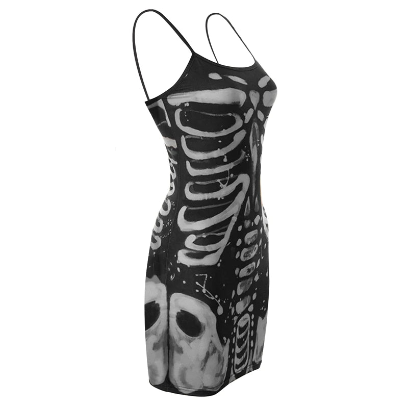 Gothic Dress Summer Spaghetti Strap Sleeveless Bone Printed Mini Dresses Y2k Aesthetic Punk Graphic Dress