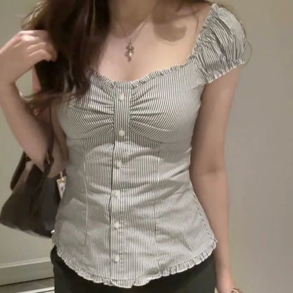 Y2k Stripes Ruffle Blouse