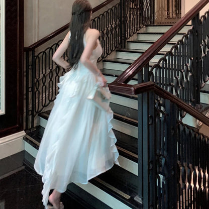 White Long Dresses Ruffles Halter Sleeveless Spring Summer Sweet Vestidos Korean Fasion Dress