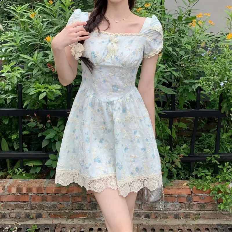 French Style Dresses Puff Sleeve Summer Vestidos Mujer Square Neck Long Dress