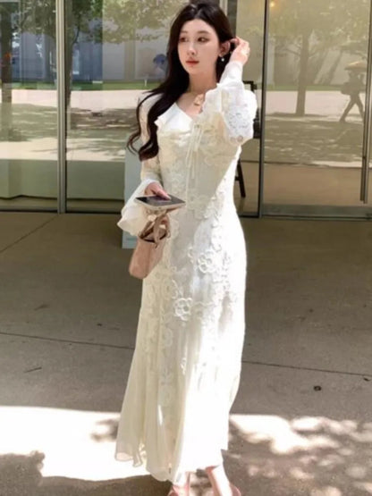 Party Dresses Woman Autumn Laceup Vneck Flare Sleeve Evening Party Long Dress Vestidos Robe Female Clothing New