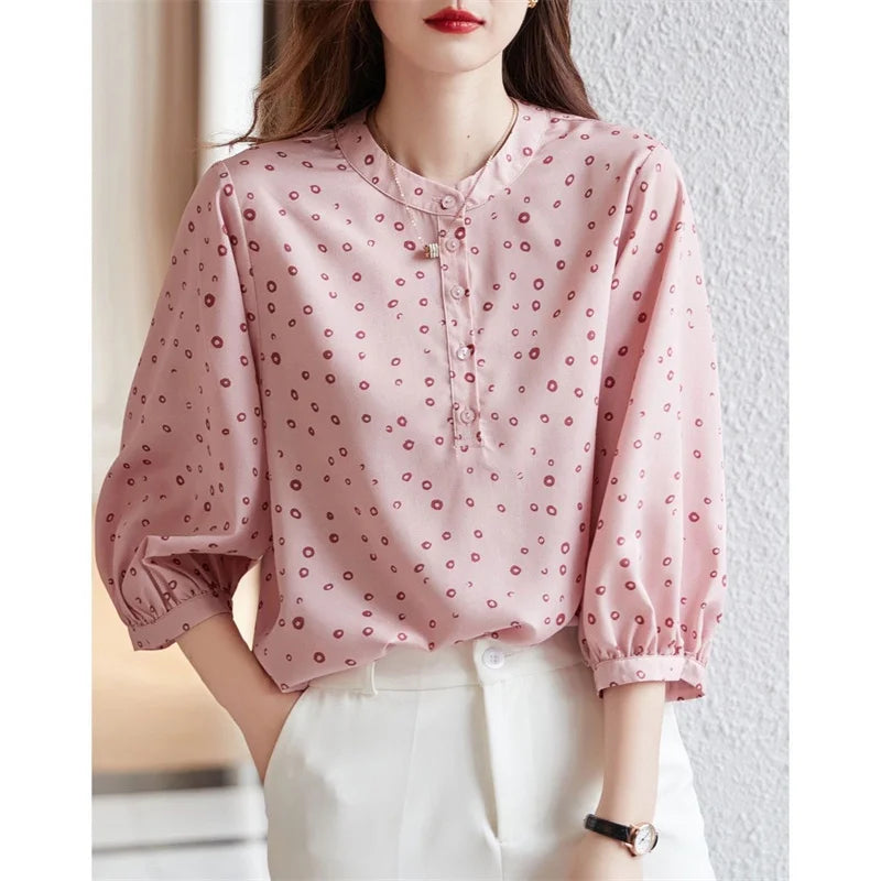 Woman Spring Summer Style Blouses Tops Lady Half Sleeve Stand Collar Polka Dot Printed Blusas Tops Df4474