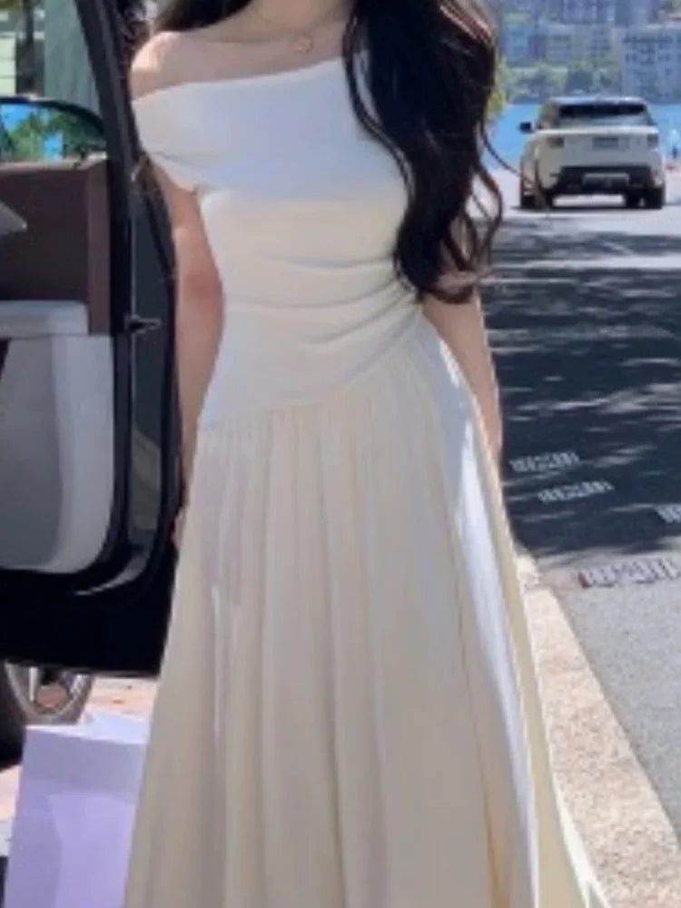 White Long Dresses Fairycore Slash Neck Inclined Shoulder Vestidos Summer Laceup Ruched Trumpet Dress