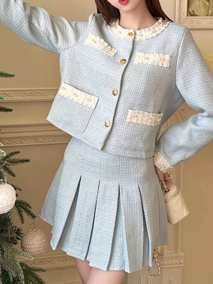 Spring Summer Korean Skirts Suit Coat Aline Pleated Skirts Two Pieces Set Female Clothes New