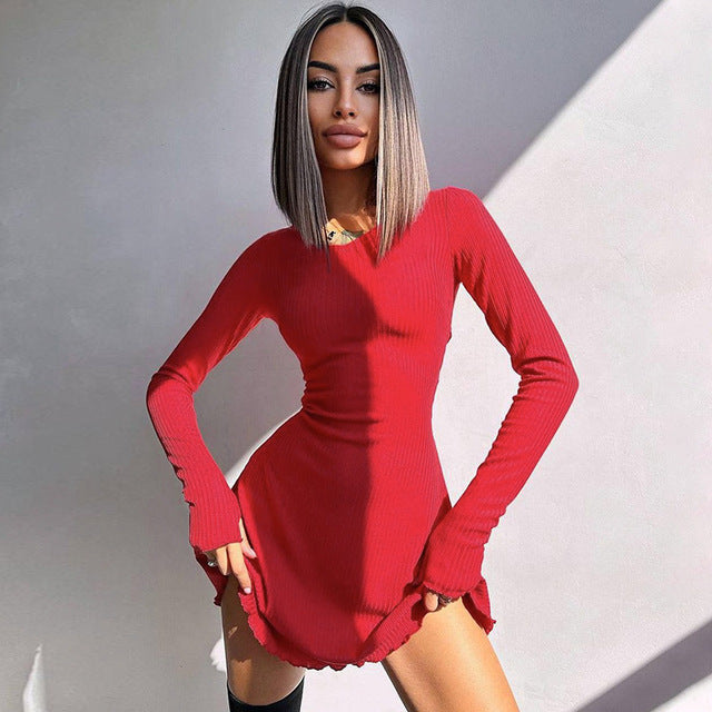 Ribbed Long Sleeve Mini Dress for Autumn Winter New O Neck Bandage Lace-up Dress Vestidos