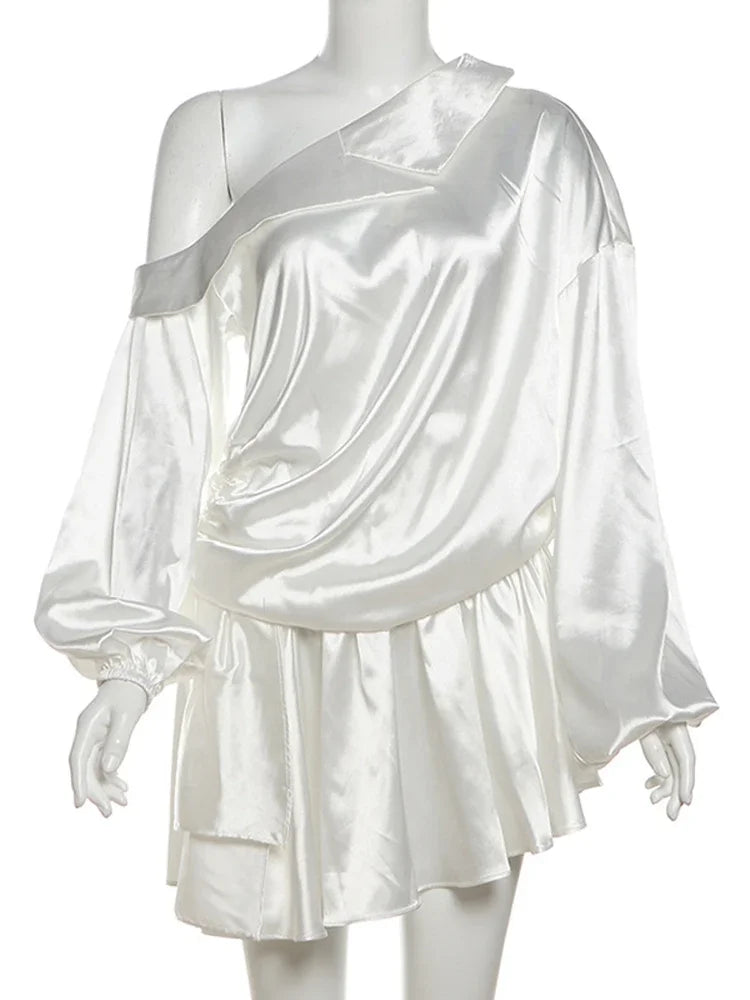 Draped Mini Dress for Backless Irregular Skew Collar Long Sleeve Party Dresses High Waist