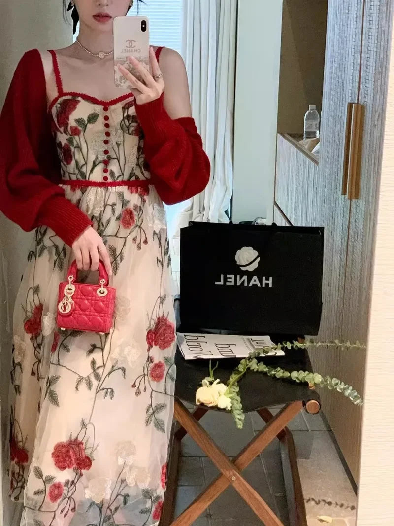 Sweet Hot Girl Suit Autumn Red Longsleeved Cardigan Embroidery Strap Dress Twopiece Set Female Clothes