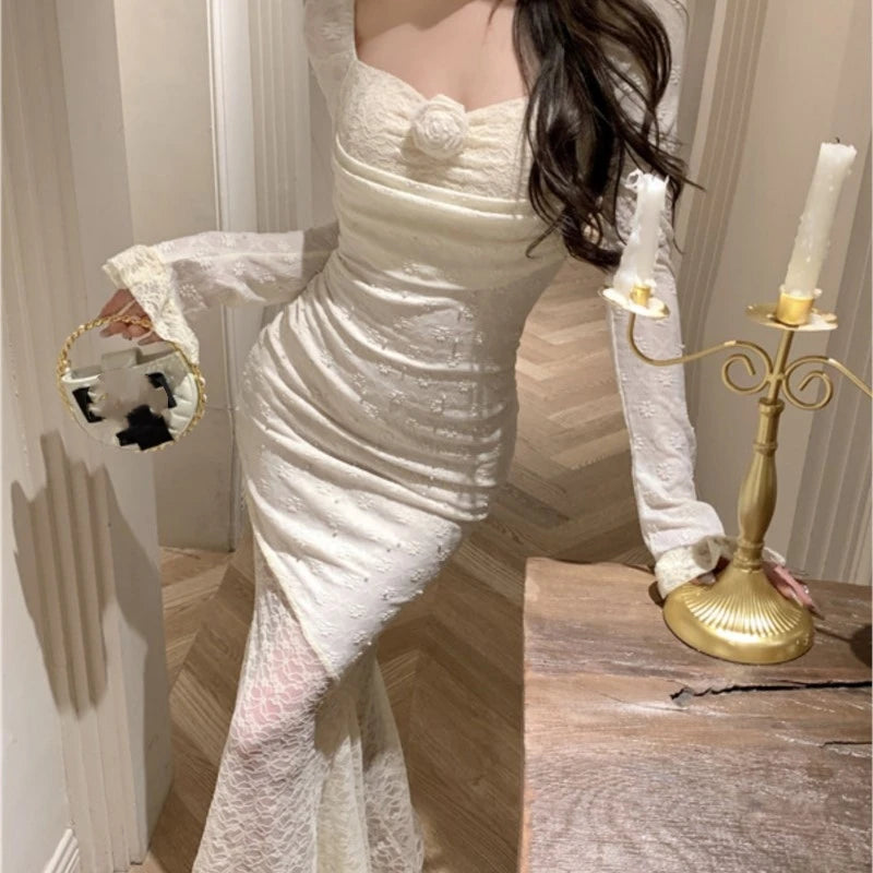 Lace Long Dresses for Off Shoulder Fishtail Bodycon Mermaid Autumn Spring Birthday Evening Party Prom Robe Vestidos