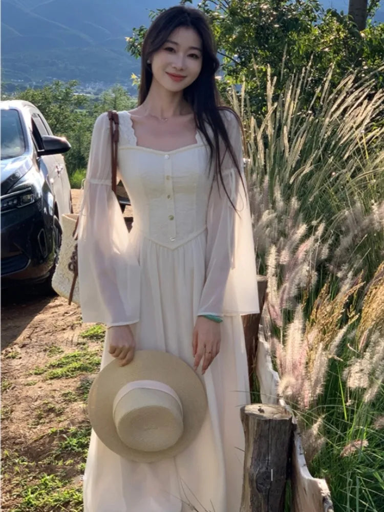 French Flare Sleeve Midi Dresses for Square Collar A-line Autumn New Party Dress Female Clothing