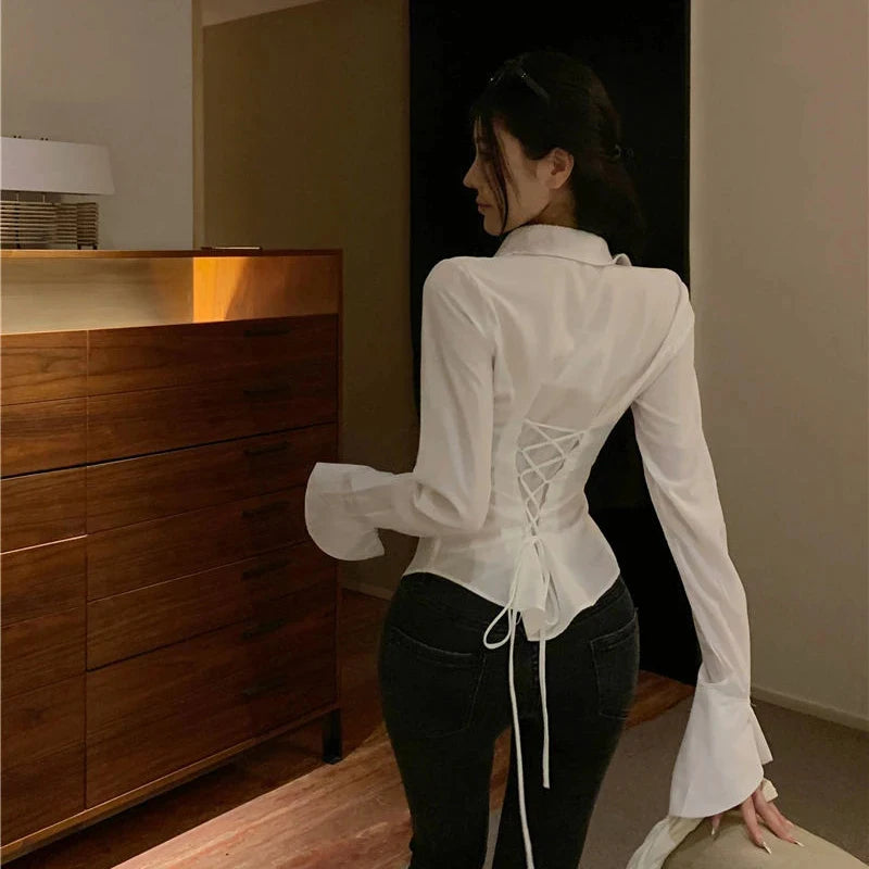 Bandage Shirts White Flare Long Sleeve Slim Blouses Spring Korean Black Lace Up All Match Tops