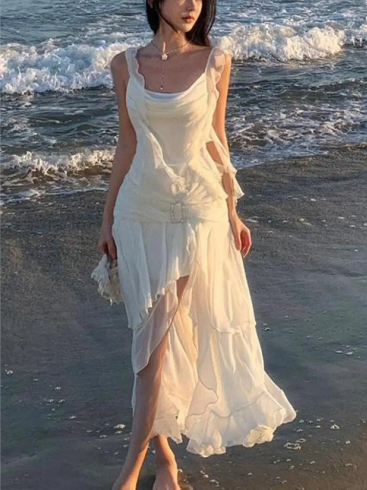 Backless Slip Dresses Summer New Asymmetrical Ruffles Holiday Beach Party Club Split Long Dress