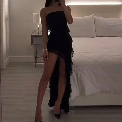 Fold Hem Slit Strapless Mini Dress