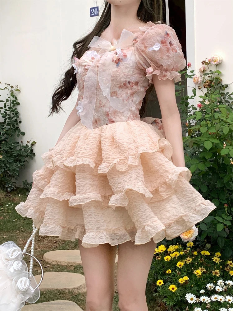 Lolita Kawaii Sweet Mini Dress Retro Lace Party Dress Summer Japanese Style One Piece Dress