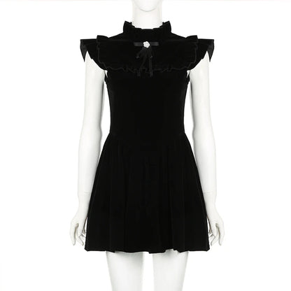Flying Sleeve Aline Velvet Dress Black Sweet Japanese Style Sleeveless Princess Mini Dresses for Party Holiday