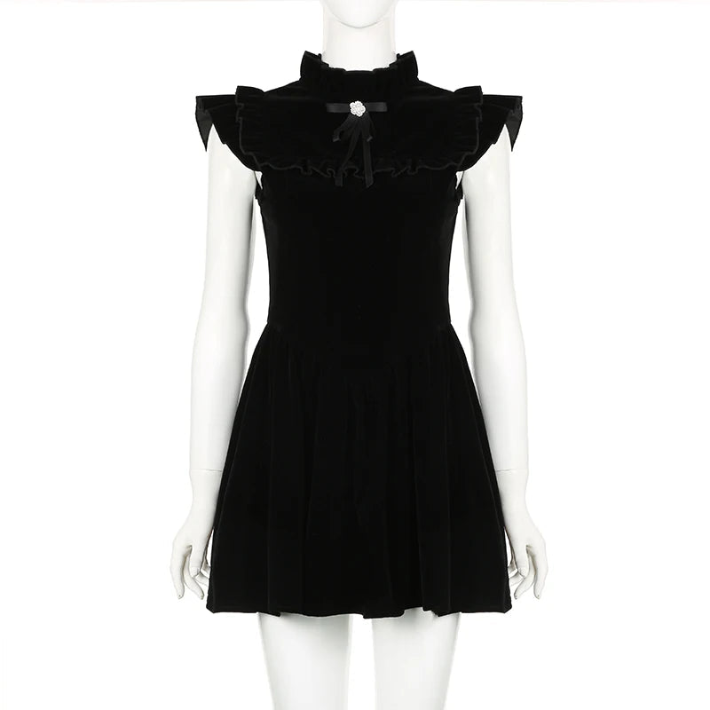 Flying Sleeve Aline Velvet Dress Black Sweet Japanese Style Sleeveless Princess Mini Dresses for Party Holiday