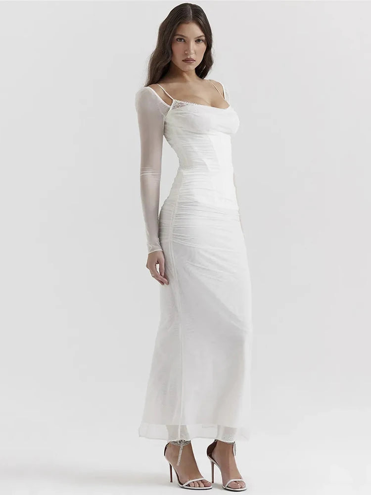Sheer Long Sleeve Maxi Dress for Mesh Strapless Backless Club Party Long Dress New