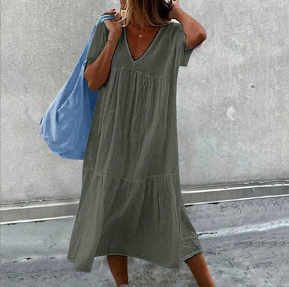 Color Cotton Linen Midi Dresses V-neck Short Sleeves Loose Dress Simple Style Lady Commuting Vestidos
