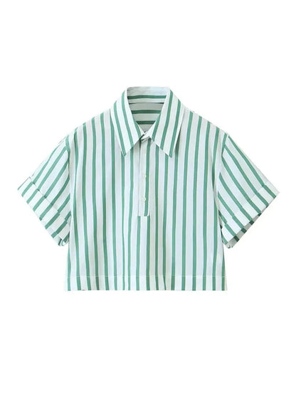 Summer Causal Short Sleeves Shirts for Woman Green Stripes Lapel Tshirt Buttons Female Cropped Slim Blouses