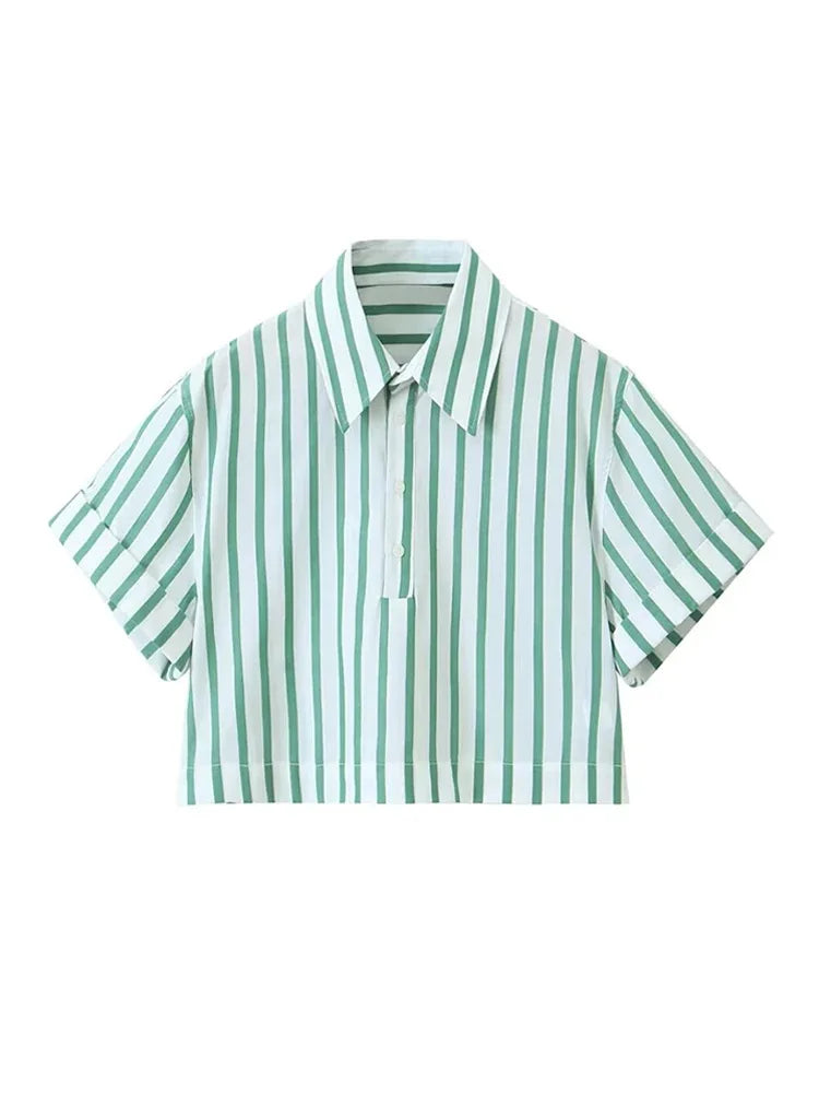 Summer Causal Short Sleeves Shirts for Woman Green Stripes Lapel Tshirt Buttons Female Cropped Slim Blouses