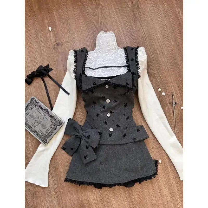 New Japanese 3 Piece Set Square Collar Blouse + Lace Patchwork Print Vest + Y2k Bow Mini Skirts Female