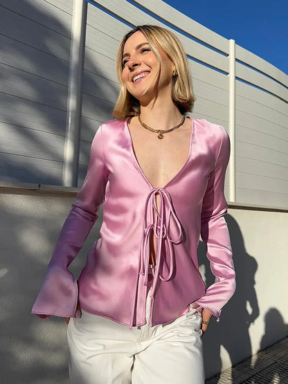 Vneck Lace Up Satin Blouses Long Sleeves Color Shirt Top Female Versatile Tops