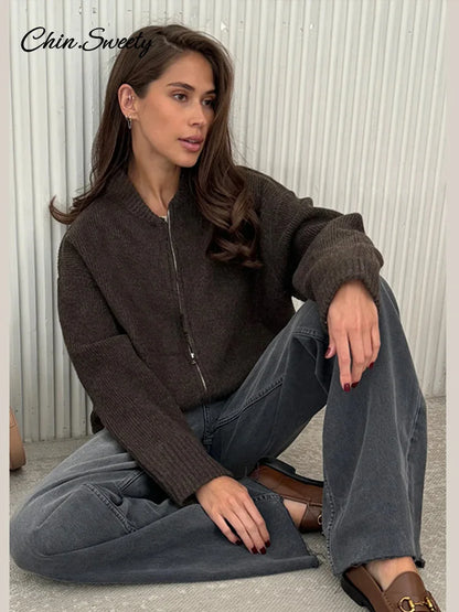 Autumn Winter Zipper O-neck Knitted Cardigans Loose Long Sleeve Sweater Top Lady All-matching Knitwear