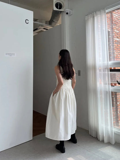 Long Dress Korean Summer Design Round Neck Pleated Texture Slim Fit Sleeveless Vest Vestidos