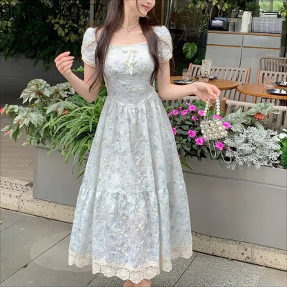 French Style Dresses Puff Sleeve Summer Vestidos Mujer Square Neck Long Dress