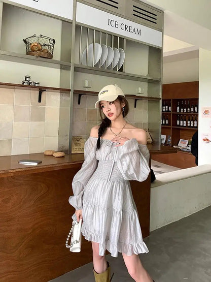 Summer New Gray Ruffles Laceup Pleated Mini Dress French High Waist Long Sleeves Vacation Short Dress Simple