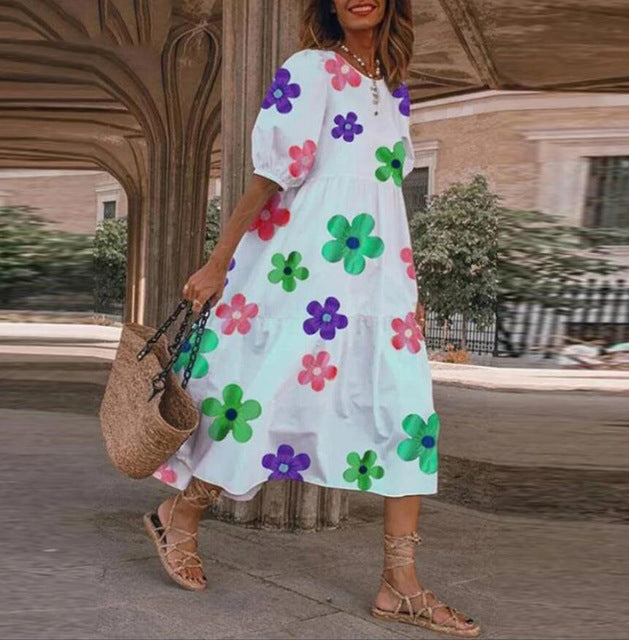 Summer New ’s Print Dress Puff Short Sleeves Ruffles Loose A-line Midi Dresses Beach Vacation Vestidos
