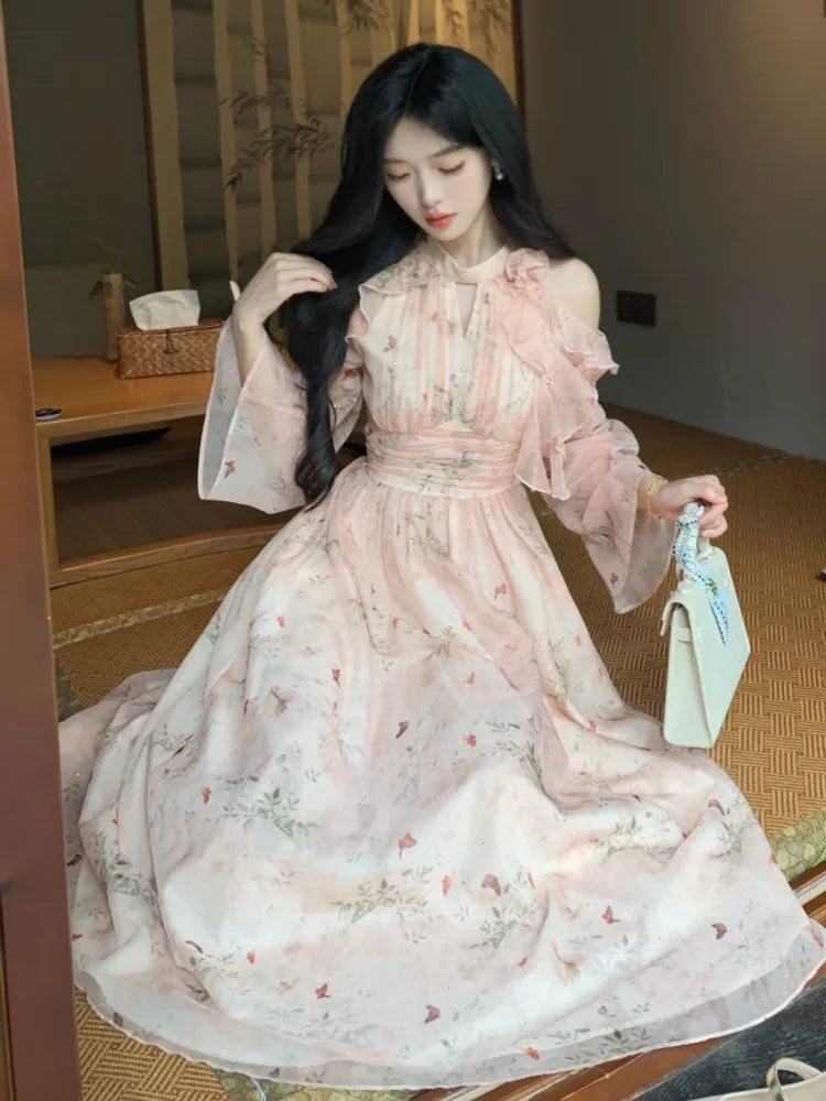 French Printed Midi Dress Autumn Off Shoulder Oneck Long Sleeve Slim Clothing Evening Party Mujer