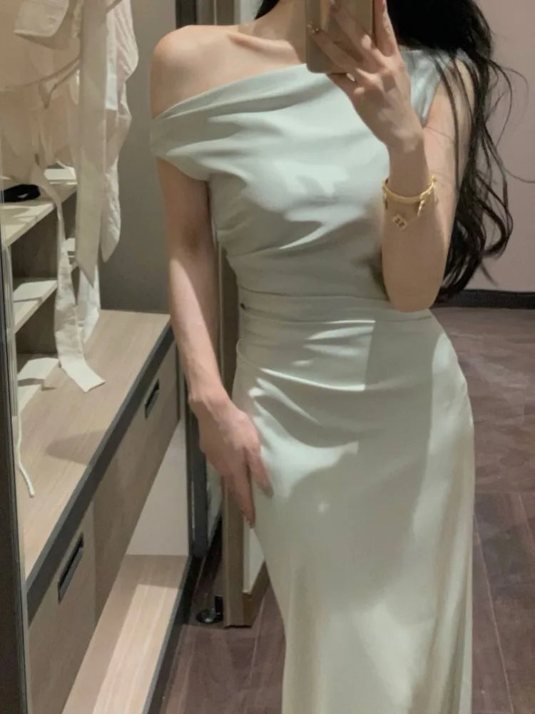 Evening Party Satin Long Dresses for Summer Pink Birthday Robe Slash Sleeveless Slim Female Clothing