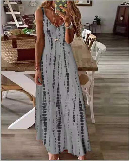 Printed Maxi Spaghetti Strap Dresses for V-neck Backless A-line Long Dress Style Beach Vestidos