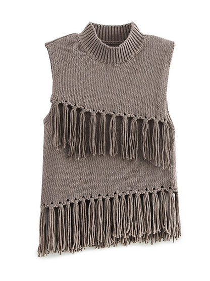 Knitted Sleeveless Tassel Sweater Turtleneck Pullover Sweaters Female Spring Design Street Tops