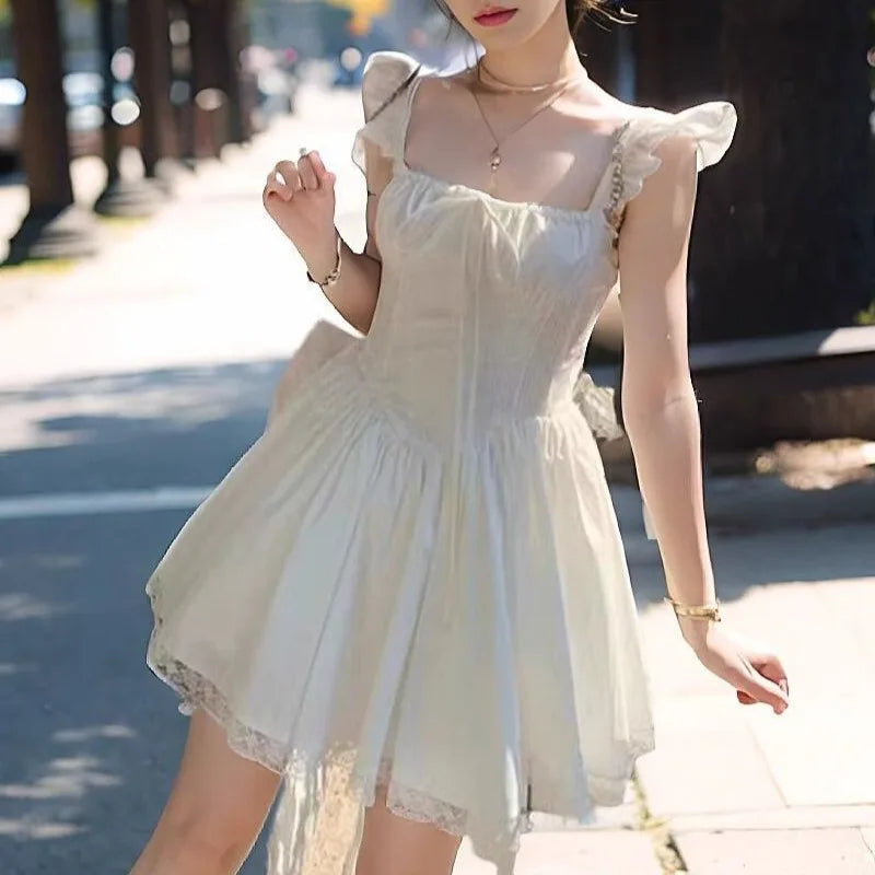 Blue Bandage Mini Dresses Flying Sleeve Spring Summer French Style Dress Ruffles Vestidos Mujer