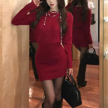 Korean Slim Thread Knitted Longsleeved Dress Winter New Oneck Color Mini Dress