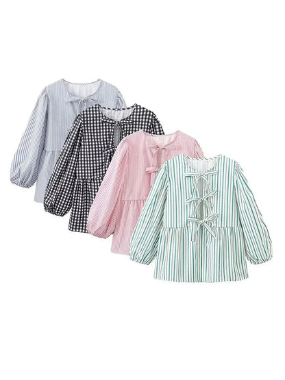 Summer Causal Round Neck Laceup Blouses Puff Long Sleeves Loose Shirt Y2k Female Stripe Tops