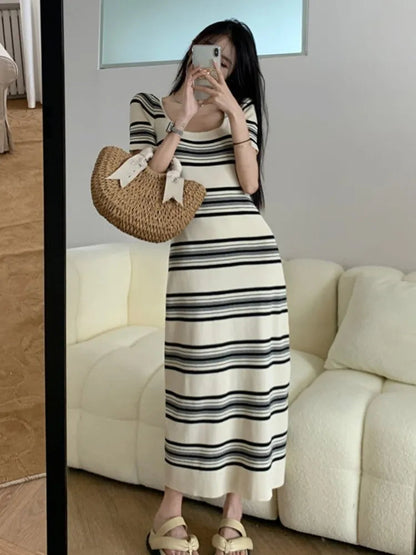 Summer Striped Knitted Dress Slim Square Neck Midi Dresses Korean Short Sleeve Clothes Robe