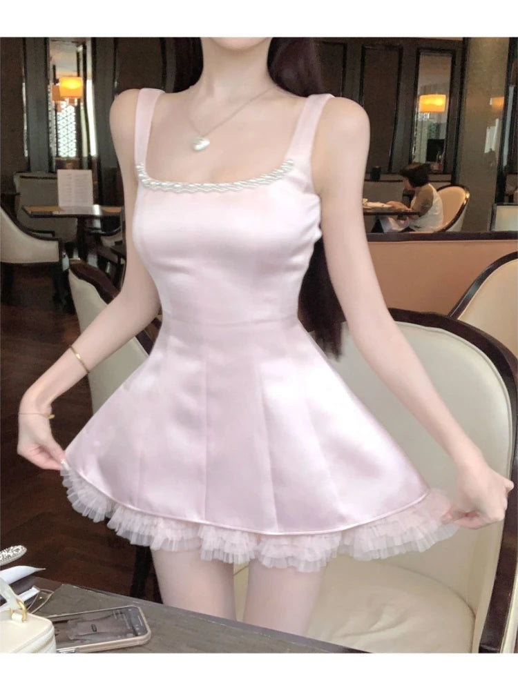 Dresses Rhinestone Sleeveless Square Collar Patchwork French Style Mini Dress Party