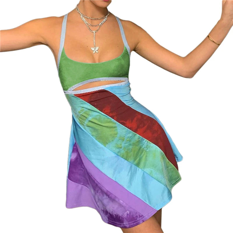 Cut Out Dress Y2k Aesthetic Striped Patchwork Sleevless a Line Mini Dresses 2000s Fairy Grunge Dress
